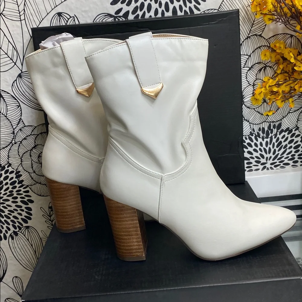 White Block Heel Ankle Booties - Picture 7 of 8